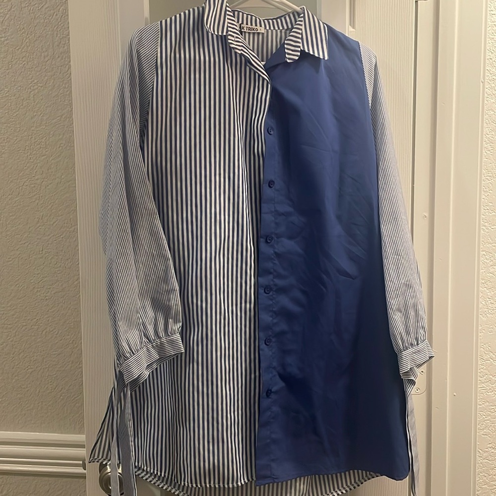 blue and white striped patterned dress,sleeves that can be tied
